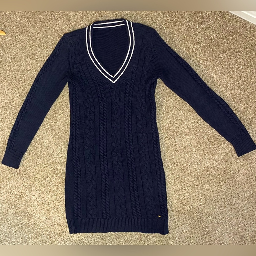 Tommy Hilfiger Cable Knit V Neck Navy Sweater Dress